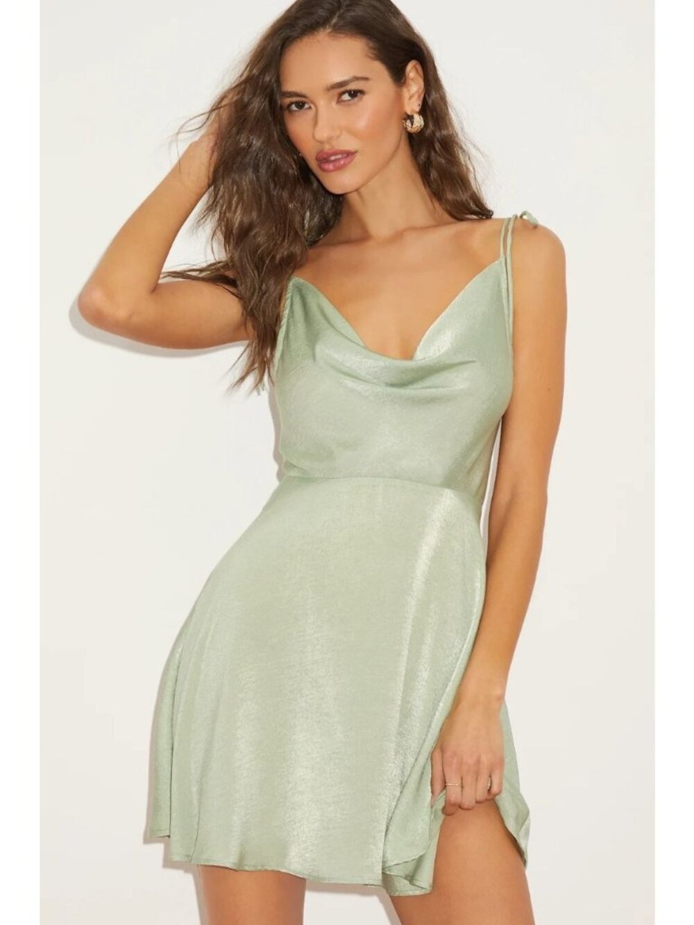 Lulus Party with Prosecco Sage Green Satin Tie-Back Mini Dress Size Small NWT!